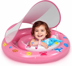 Baby Pool Float with UPF50  Sun Protection Canopy, Inflatable Swim Floatie with Animal Toy Play Console and Hand Air Pump, No Flip Over Swimming Floaty for Infants & Toddlers 6-36 Months