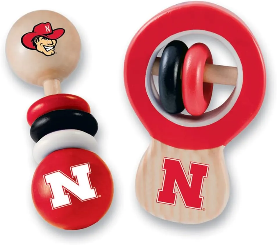 BabyFanatic Wood Rattle 2 Pack - NCAA Nebraska Cornhuskers - Officially Licensed Baby Toy Set