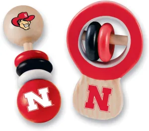 BabyFanatic Wood Rattle 2 Pack - NCAA Nebraska Cornhuskers - Officially Licensed Baby Toy Set