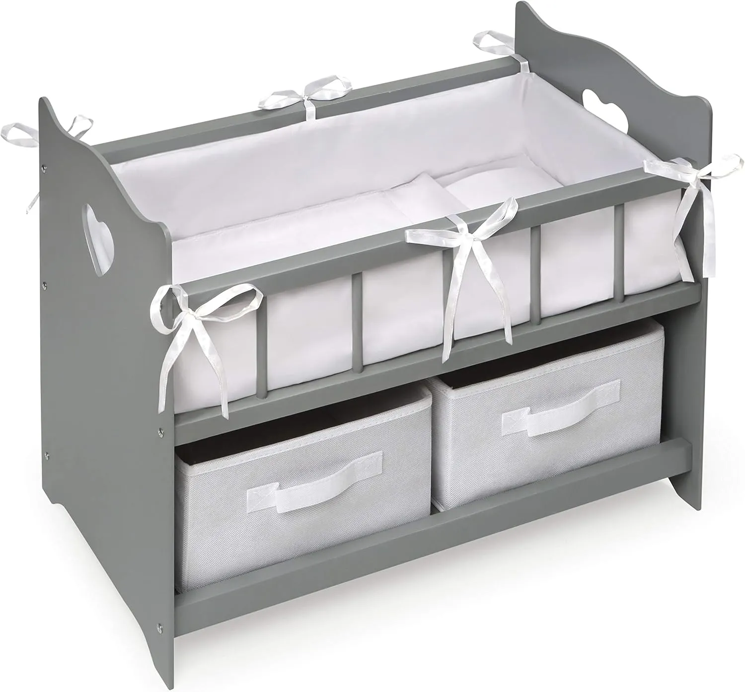 Badger Basket Wooden Doll Crib with Bedding & Storage - Pretend Play Nursery Bed for Dolls with Fabric Liner Blanket, Pillow, and Name Kit - Play Set for Girls Age 3  - Gray