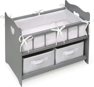Badger Basket Wooden Doll Crib with Bedding & Storage - Pretend Play Nursery Bed for Dolls with Fabric Liner Blanket, Pillow, and Name Kit - Play Set for Girls Age 3  - Gray