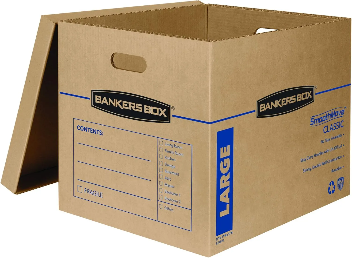 Bankers Box Large Classic Moving Box 10 Pack, Reinforced Handles, Tape-Free Assembly, Box with Lid, 21-in x 17-in x 17-in (7718202)