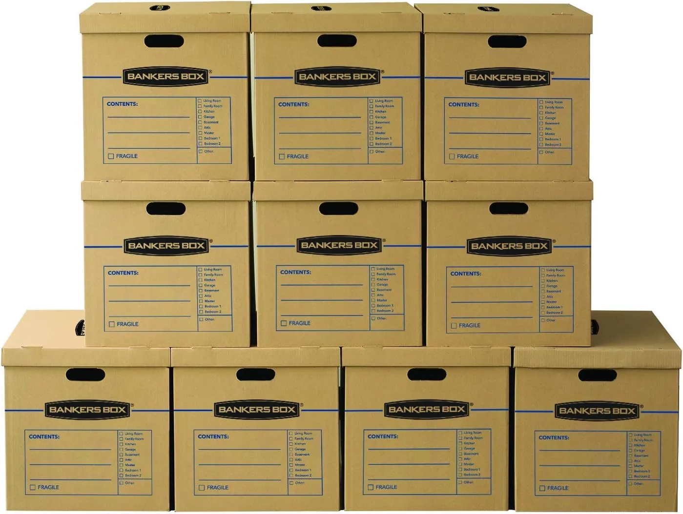 Bankers Box Large Classic Moving Box 10 Pack, Reinforced Handles, Tape-Free Assembly, Box with Lid, 21-in x 17-in x 17-in (7718202)