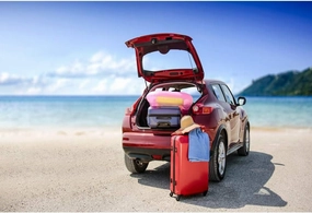 Baocicco 12x8ft Summer Theme Party Backdrop Seaside Landscape Sand Beach Red Car Trunk Suitcase Photography Background Family Party Self-Driving Tour Vacation Summer Holiday Kids Adults Portrait