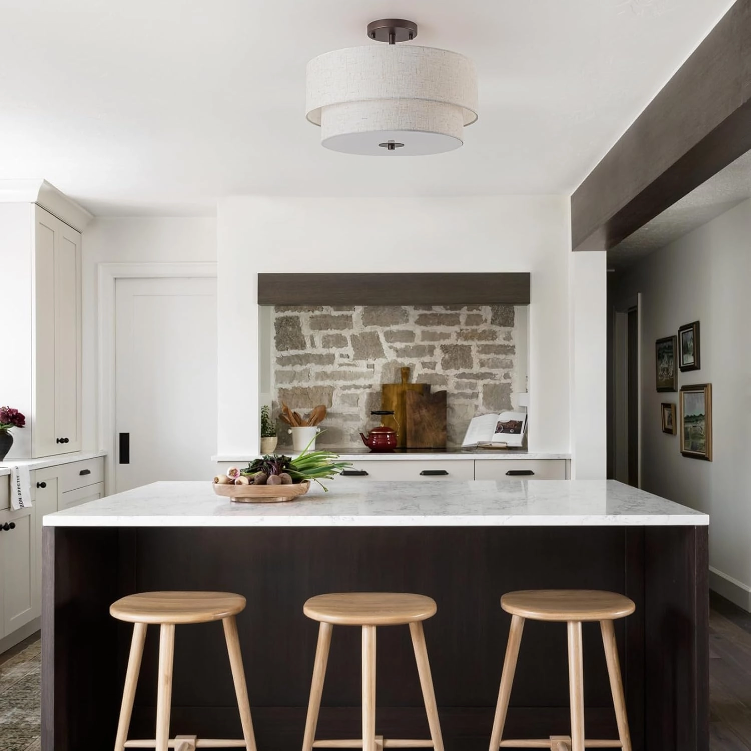 Bargeni 16" Semi Flush Mount Ceiling Light, 3-Light Drum Ceiling Light Fixture, Oil Rubbed Bronze with Double Linen Fabric Shade, Modern Light Fixtures Ceiling Mount for Bedroom, Living Room, Entryway