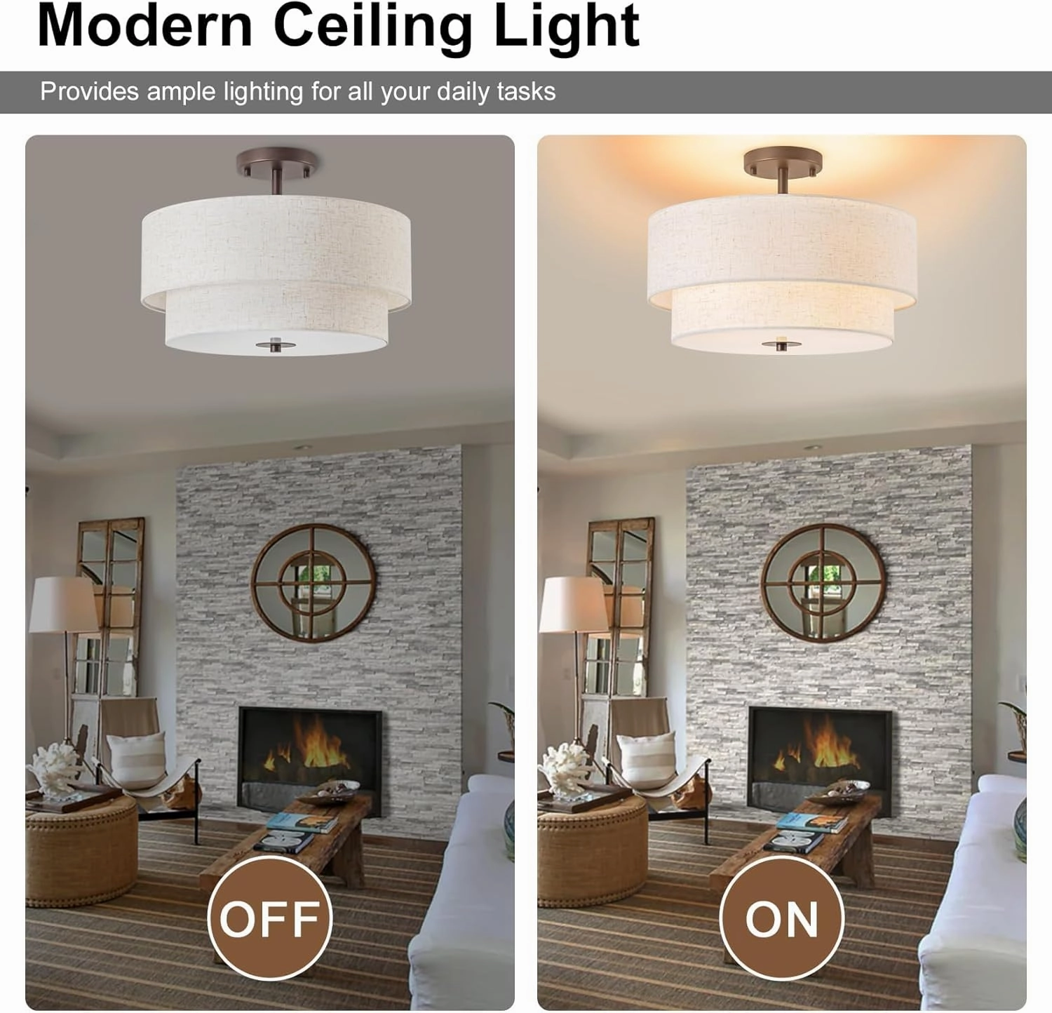 Bargeni 16" Semi Flush Mount Ceiling Light, 3-Light Drum Ceiling Light Fixture, Oil Rubbed Bronze with Double Linen Fabric Shade, Modern Light Fixtures Ceiling Mount for Bedroom, Living Room, Entryway