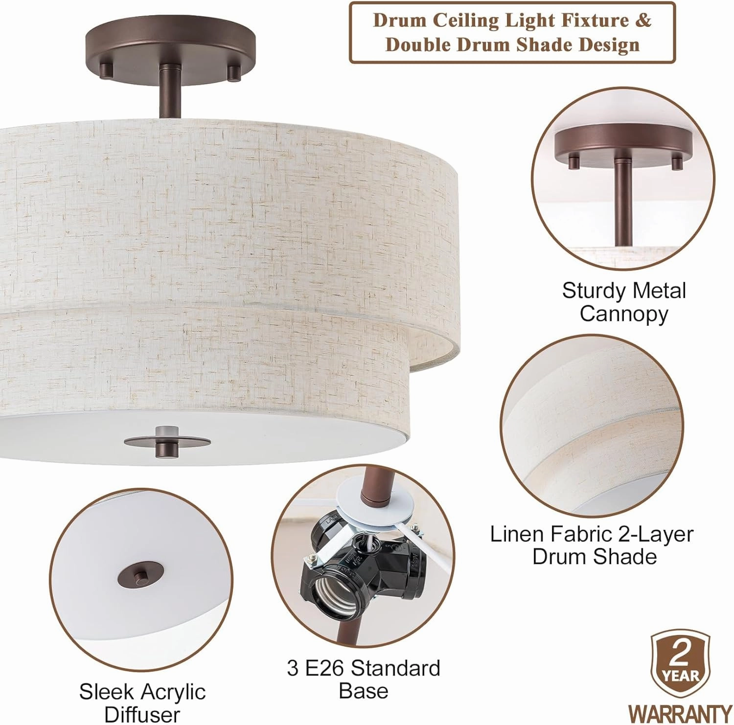 Bargeni 16" Semi Flush Mount Ceiling Light, 3-Light Drum Ceiling Light Fixture, Oil Rubbed Bronze with Double Linen Fabric Shade, Modern Light Fixtures Ceiling Mount for Bedroom, Living Room, Entryway