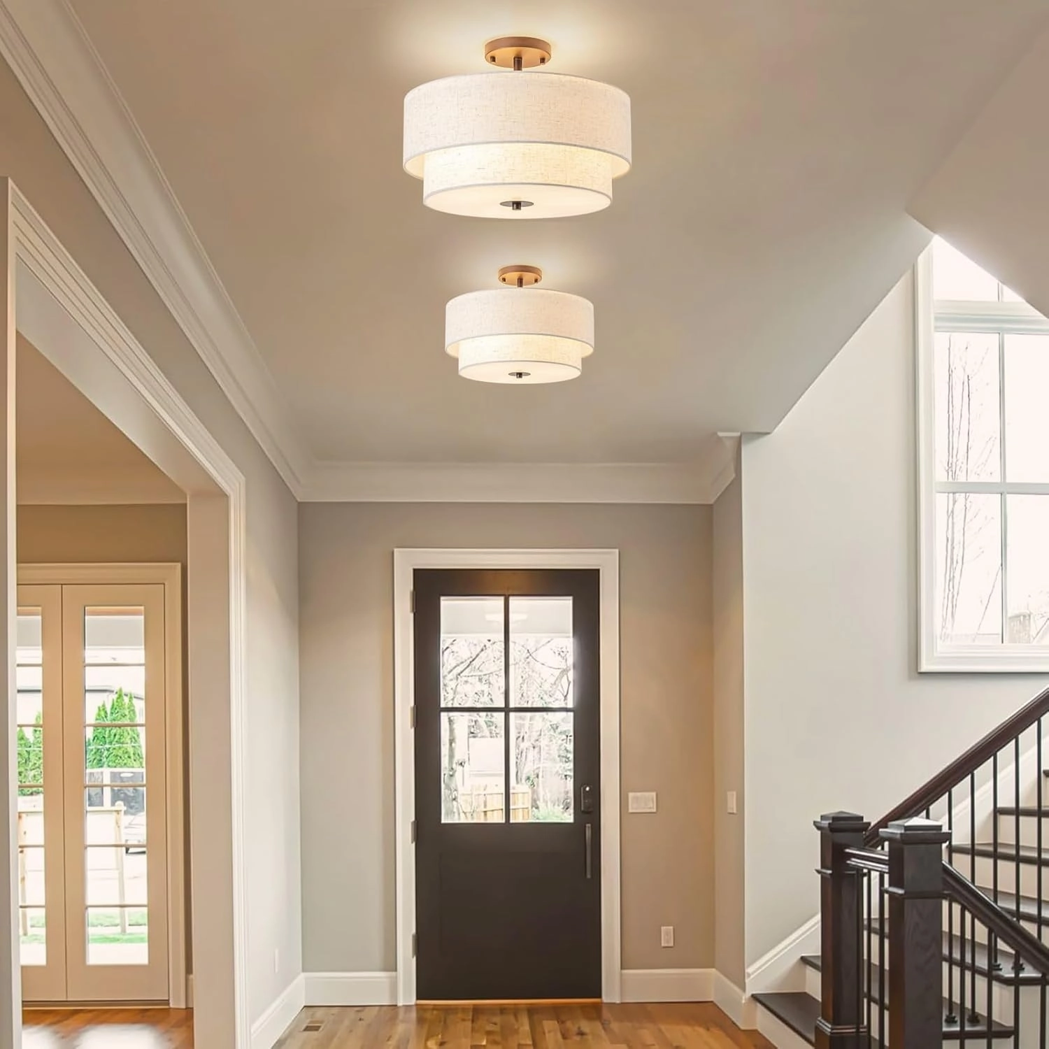 Bargeni 16" Semi Flush Mount Ceiling Light, 3-Light Drum Ceiling Light Fixture, Oil Rubbed Bronze with Double Linen Fabric Shade, Modern Light Fixtures Ceiling Mount for Bedroom, Living Room, Entryway