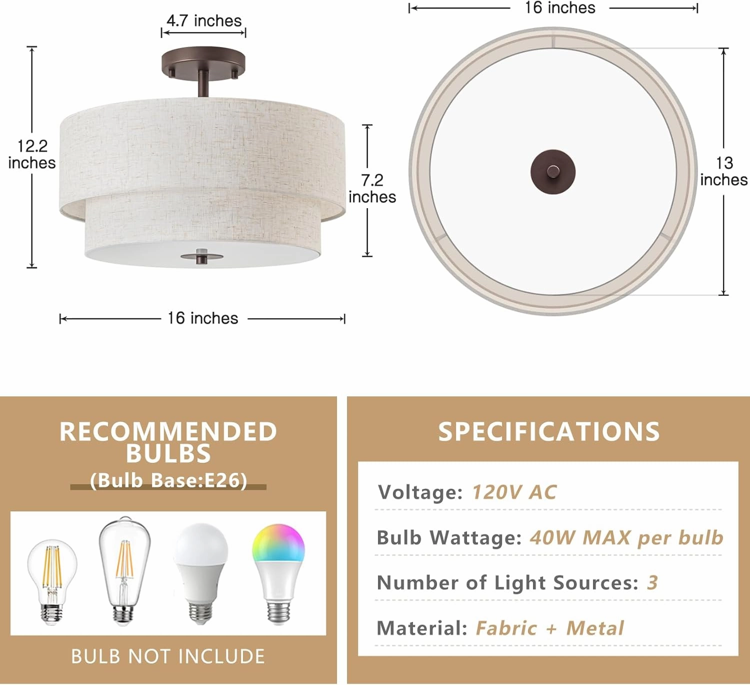 Bargeni 16" Semi Flush Mount Ceiling Light, 3-Light Drum Ceiling Light Fixture, Oil Rubbed Bronze with Double Linen Fabric Shade, Modern Light Fixtures Ceiling Mount for Bedroom, Living Room, Entryway