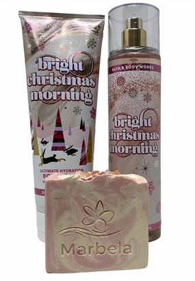 Bath & Body Works Bright Christmas Morning Gift Set - Fine Fragrance Mist and Ultimate Hydration Body Cream with an Artisan Bar Soap Himalayan Salts Springs - Full Size.