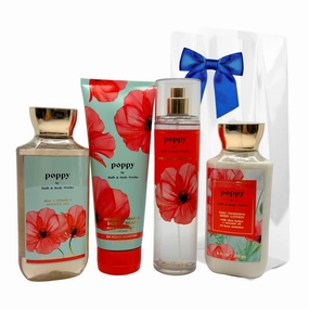 Bath & Body Works POPPY 4-Piece Deluxe Gift Set with a Blue Bow for Holidays & Gifts - Body Lotion, Shower Gel, Body Cream and Fine Fragrance Mist - Full Size