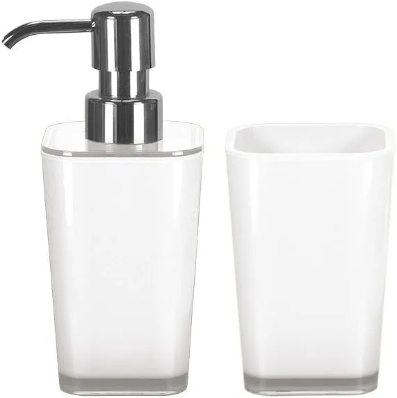 Bathroom Accessories Set - 2 Pieces - Liquid Soap Dispenser and Bathroom Tumbler - Impact Resistant Acrylic - Modern Colorful Design - White