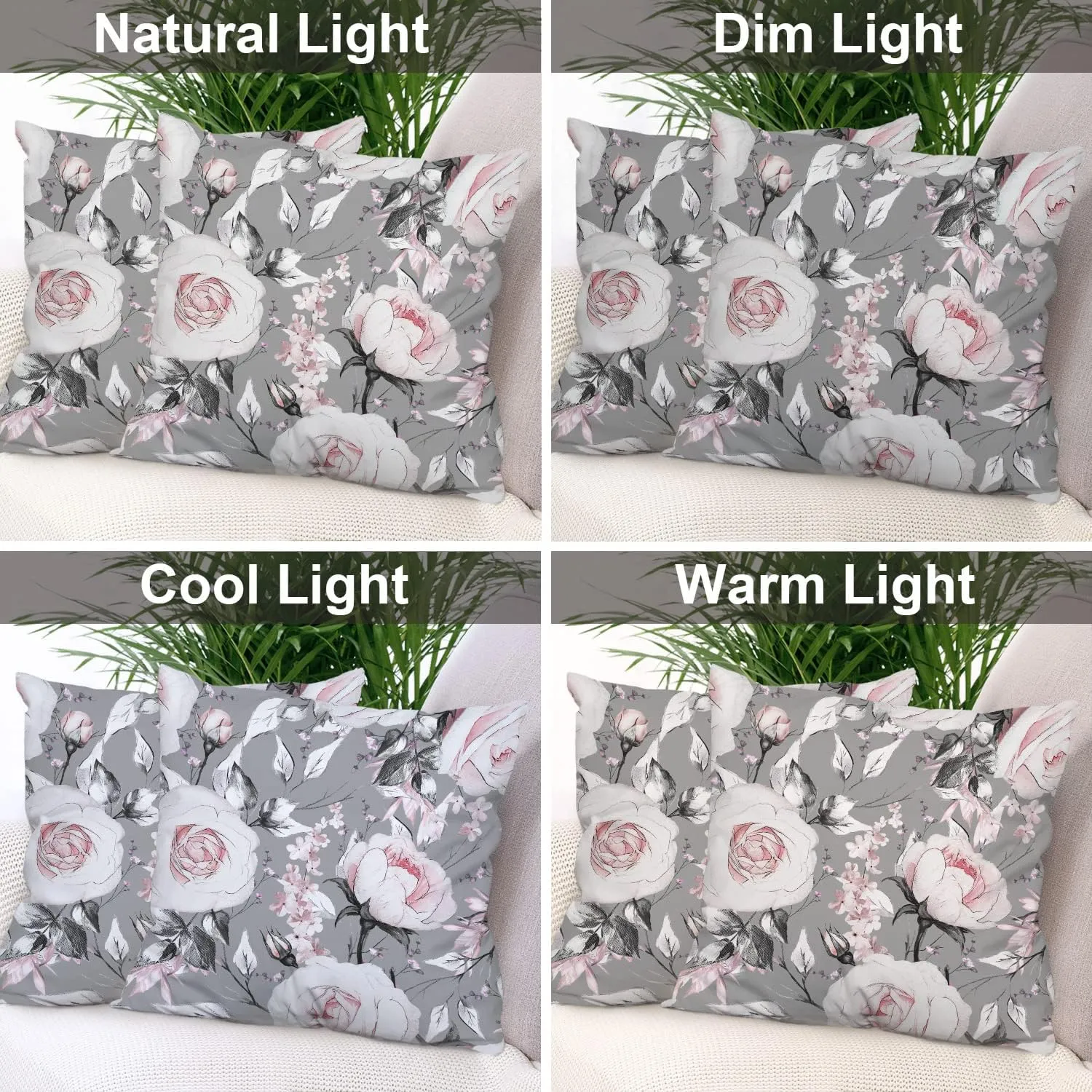 Batmerry Gray Oil Painting Pillow Covers 18x18 Inch Set of 2, Pink Rose Flowers and Leaves Floral Pattern Double Sided Square Throw Pillow Covers Sofa Decorative Pillowcase Cushion