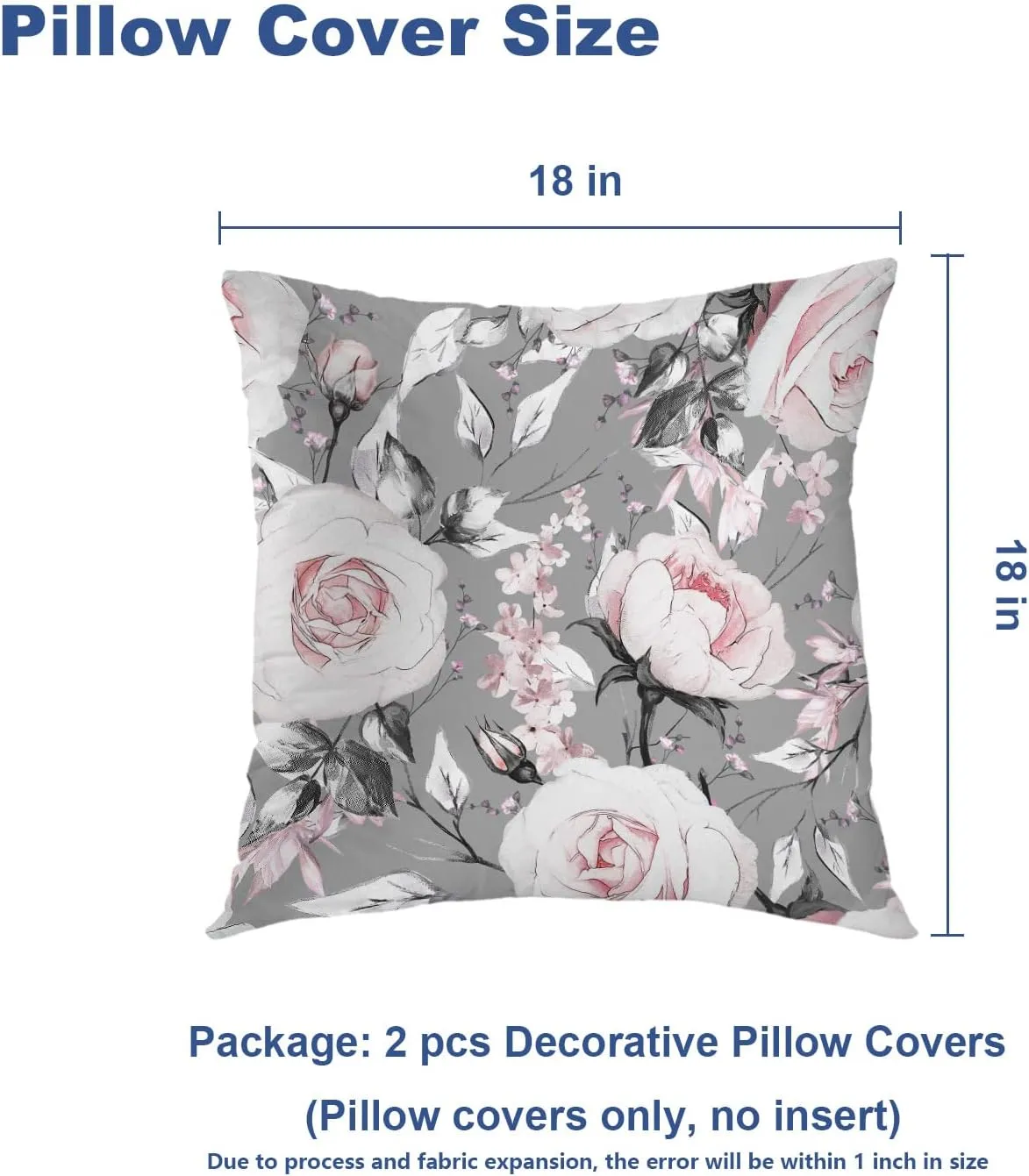 Batmerry Gray Oil Painting Pillow Covers 18x18 Inch Set of 2, Pink Rose Flowers and Leaves Floral Pattern Double Sided Square Throw Pillow Covers Sofa Decorative Pillowcase Cushion