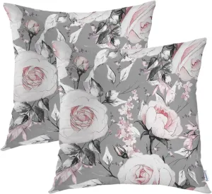 Batmerry Gray Oil Painting Pillow Covers 18x18 Inch Set of 2, Pink Rose Flowers and Leaves Floral Pattern Double Sided Square Throw Pillow Covers Sofa Decorative Pillowcase Cushion