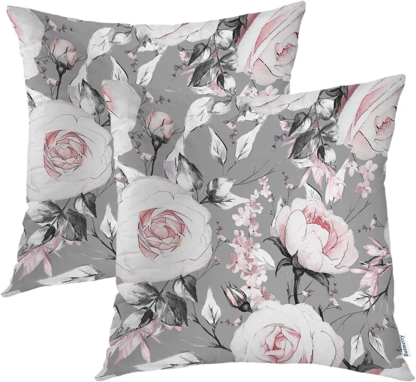 Batmerry Gray Oil Painting Pillow Covers 18x18 Inch Set of 2, Pink Rose Flowers and Leaves Floral Pattern Double Sided Square Throw Pillow Covers Sofa Decorative Pillowcase Cushion