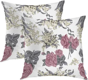 Batmerry Pink Gray Beige Rose Pillow Covers 18x18 Inch Set of 2, Vintage Flowers Lilies Valley. Double Sided Square Throw Pillow Covers Sofa Decorative Pillowcase Cushion