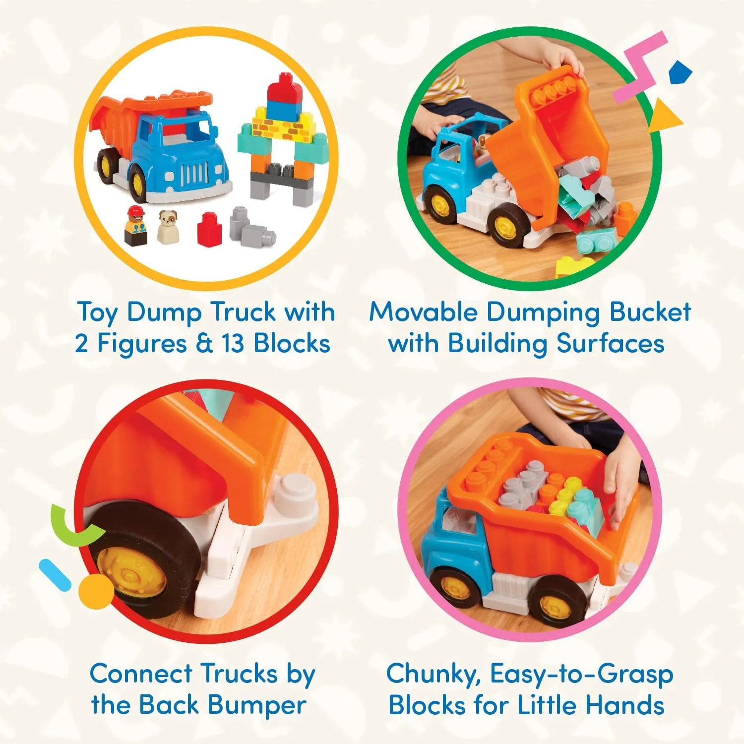Battat – Large Building Blocks – 80 Colorful Pieces – 8 Wheel Bricks – Zippered Storage Bag – 12 Months   – Bag o' Blocks