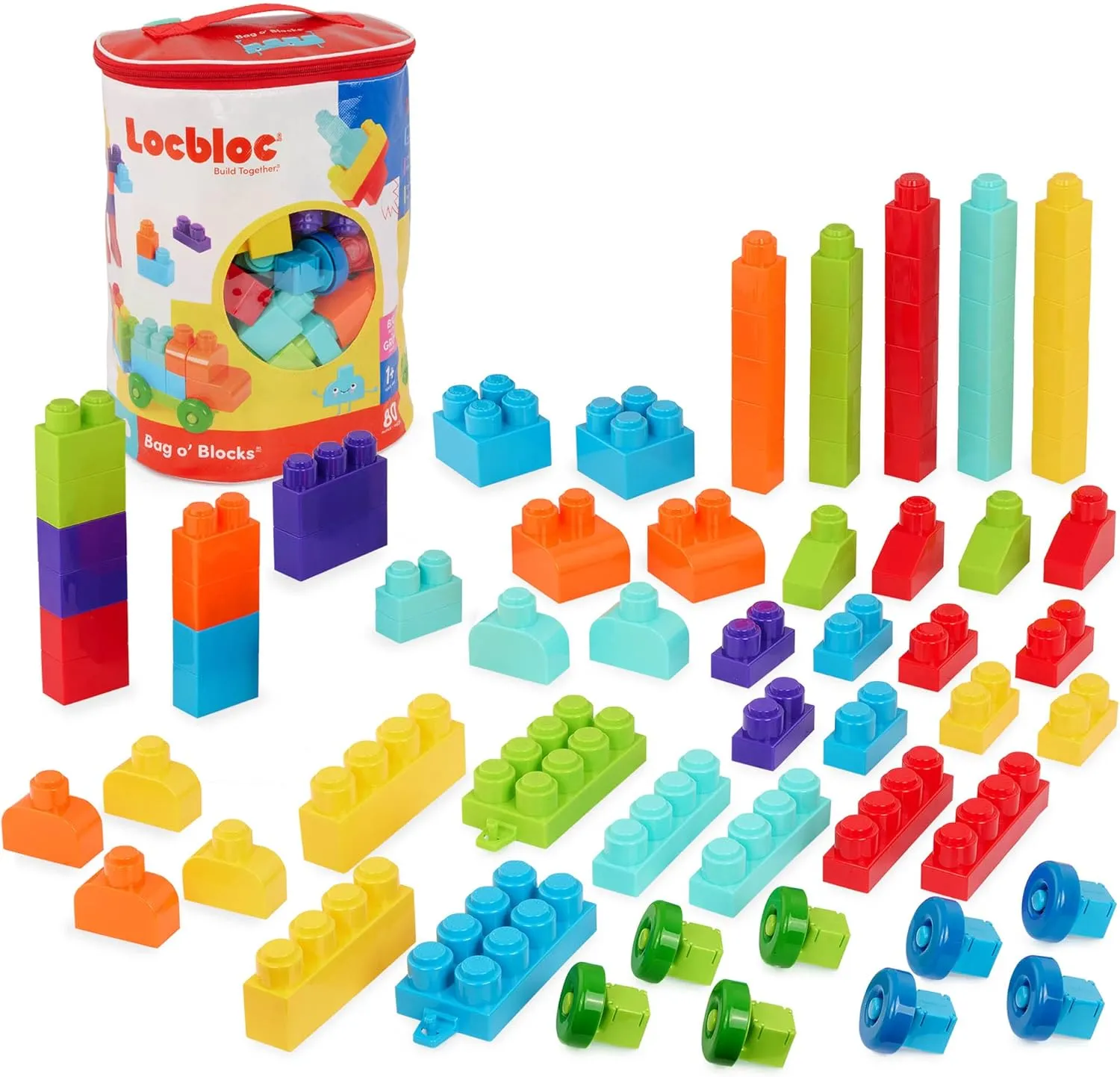 Battat – Large Building Blocks – 80 Colorful Pieces – 8 Wheel Bricks – Zippered Storage Bag – 12 Months   – Bag o' Blocks
