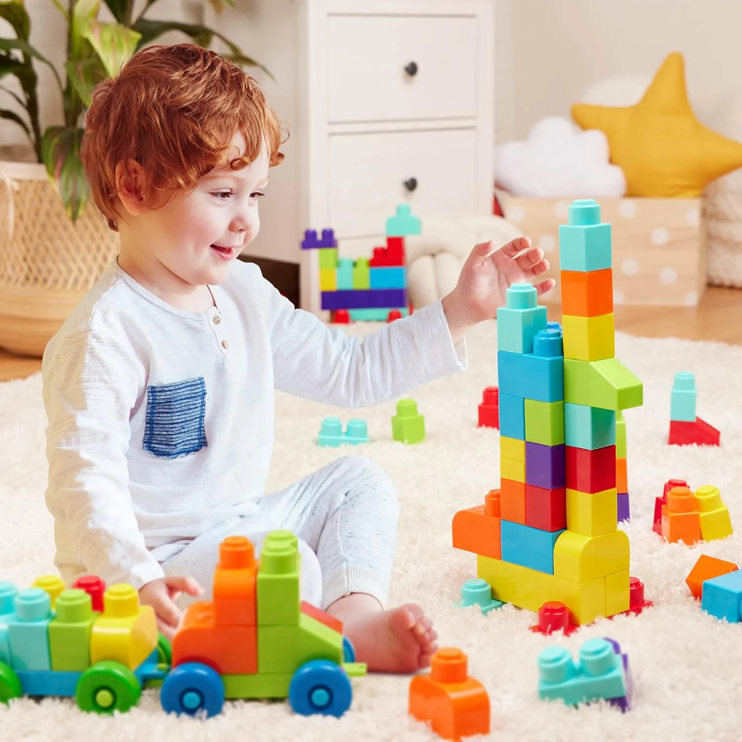Battat – Large Building Blocks – 80 Colorful Pieces – 8 Wheel Bricks – Zippered Storage Bag – 12 Months   – Bag o' Blocks