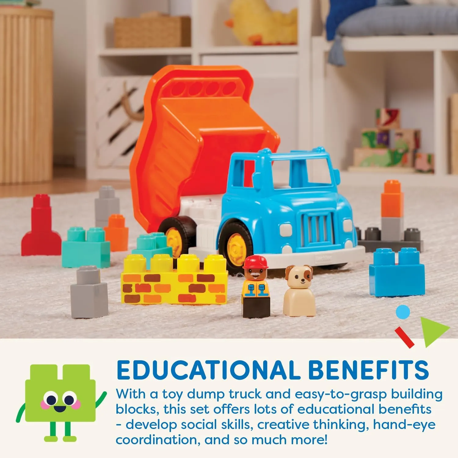 Battat – Large Building Blocks – 80 Colorful Pieces – 8 Wheel Bricks – Zippered Storage Bag – 12 Months   – Bag o' Blocks