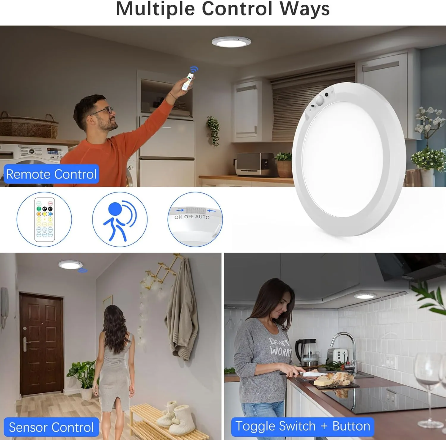 Battery Operated Auto Motion Sensor LED Celling Lights Set of 2, Smart Body Sensor Ceiling-mounted Lamps Fixture with 3 Colors/Brightness, Motion Detection Magnetic Celling Lights for Closet Shower