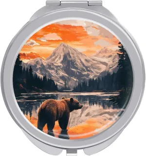 Bear Snow Mountain Sunset Travel Makeup Mirror 2-Sided 1x 2X Magnification Portable Mini Mirror for Handbag Purse Pocket