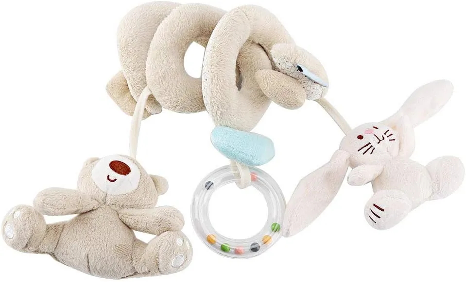Bear Spiral Wrap Toy, Baby Stroller Crib Hanging Rattle Toys with BB Device, Travel Activity with Ring Box, for Infant