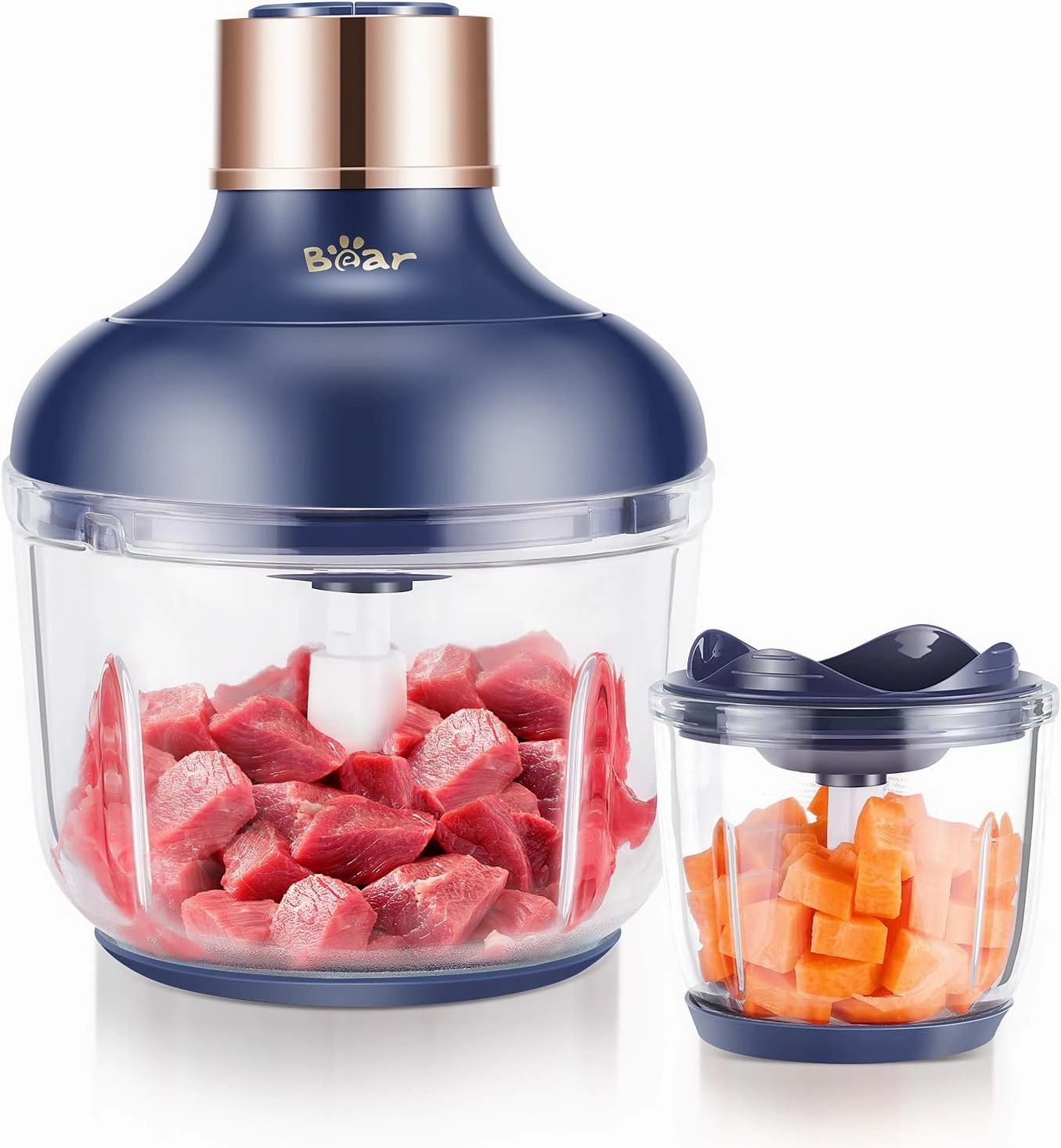 Bear Food Processor, Electric Food Chopper with 2 Glass Bowls (8 Cup 2.5 Cup), 400W Power Grinder with 2 Sets Stainless Steel Blades, 2 Speed for Meat, Vegetables, and Baby Food