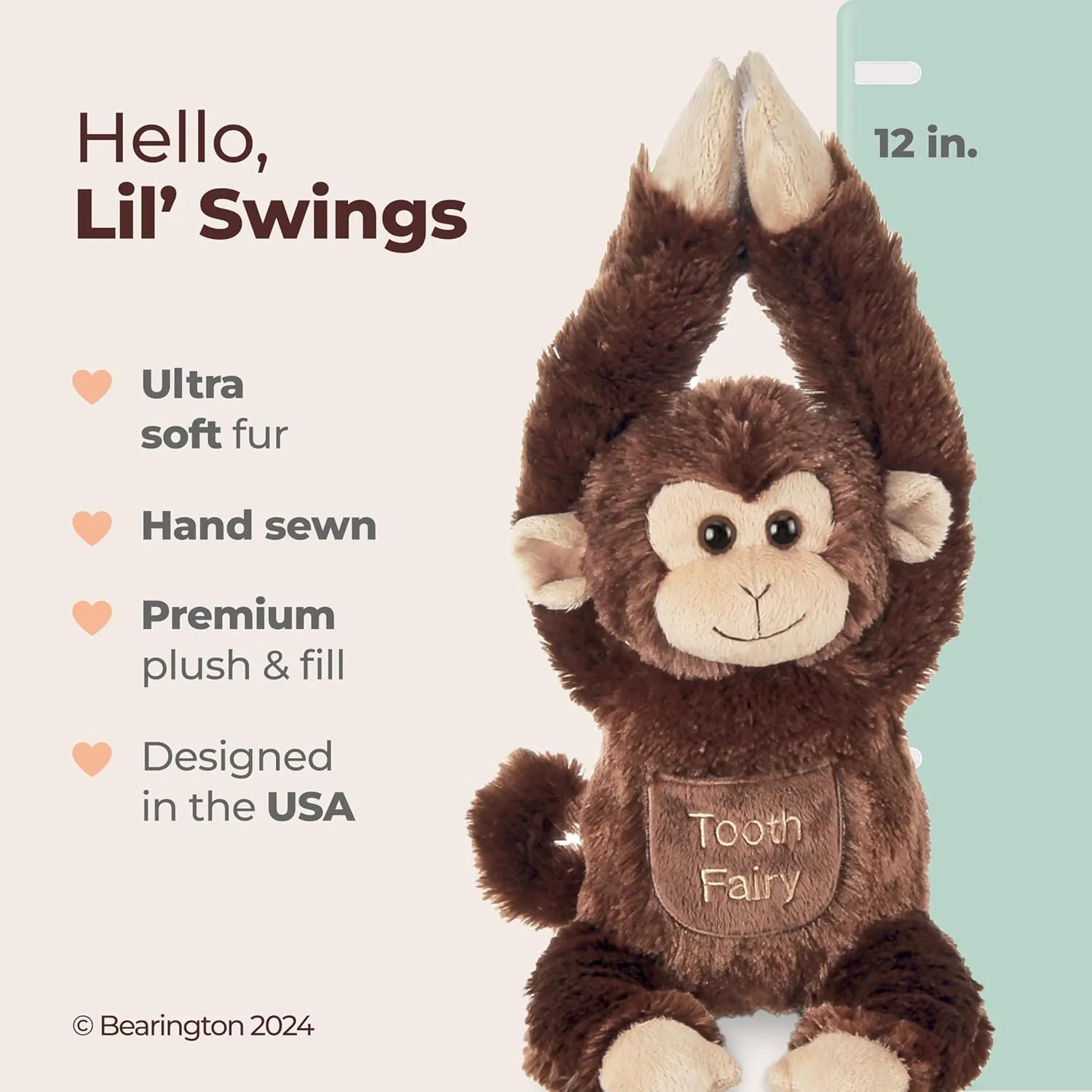 Bearington 12 in Tooth Fairy Door Hanger Stuffed Animal, Lil' Swings Monkey Tooth Holder, Fairy Doll with Pocket Pouch