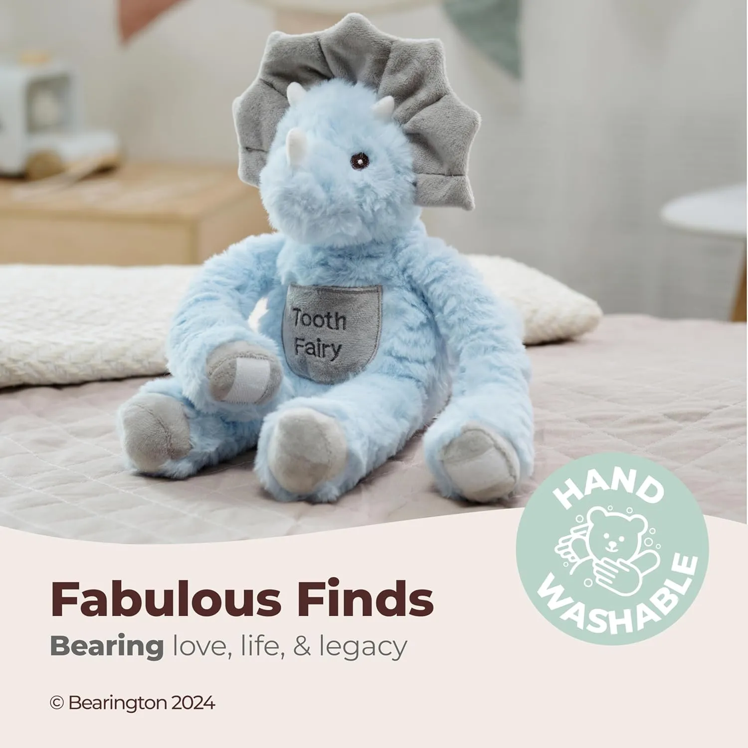 Bearington 12 in Tooth Fairy Door Hanger Stuffed Animal, Lil' Tracer Dino The Dinosaur Tooth Holder with Pocket Pouch