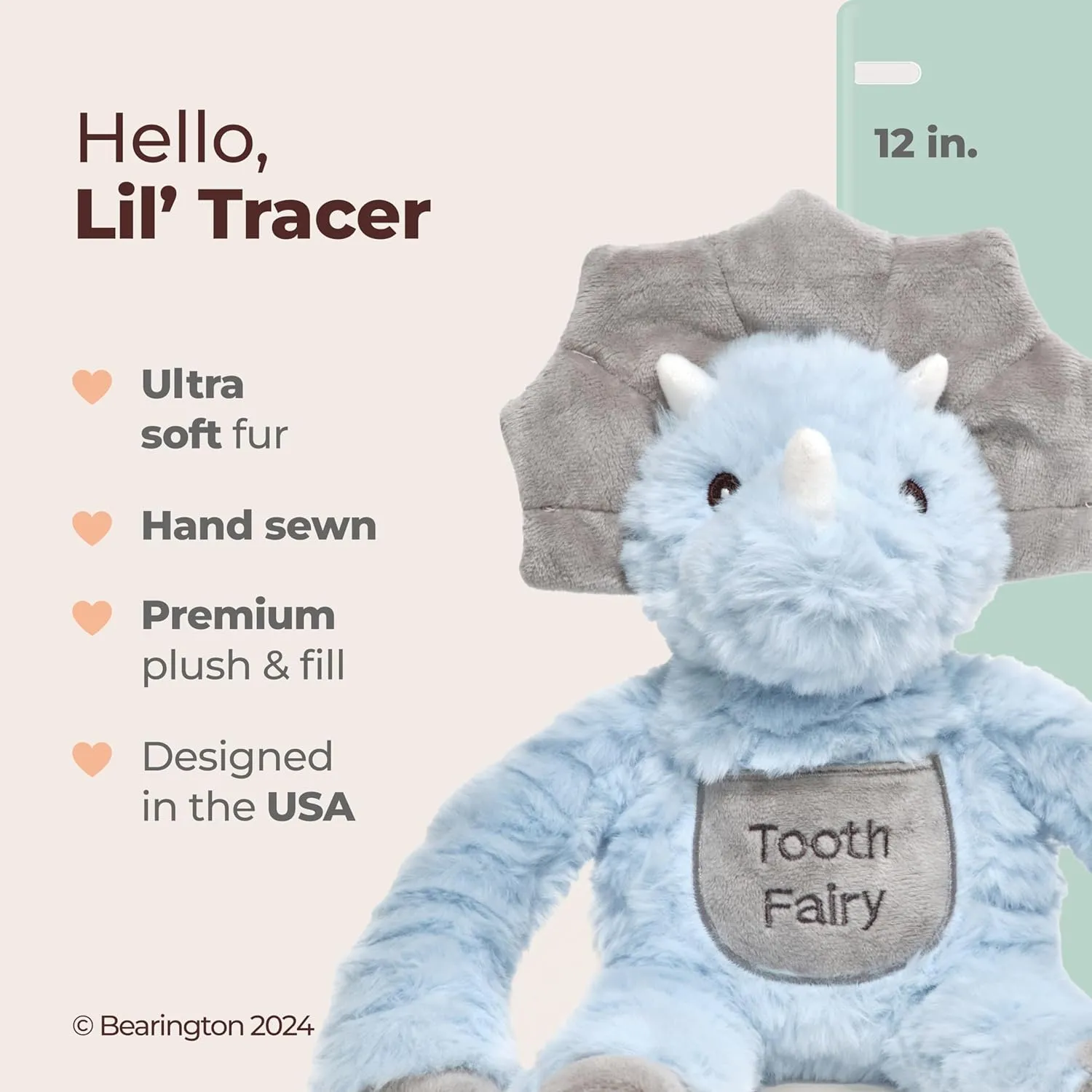 Bearington 12 in Tooth Fairy Door Hanger Stuffed Animal, Lil' Tracer Dino The Dinosaur Tooth Holder with Pocket Pouch