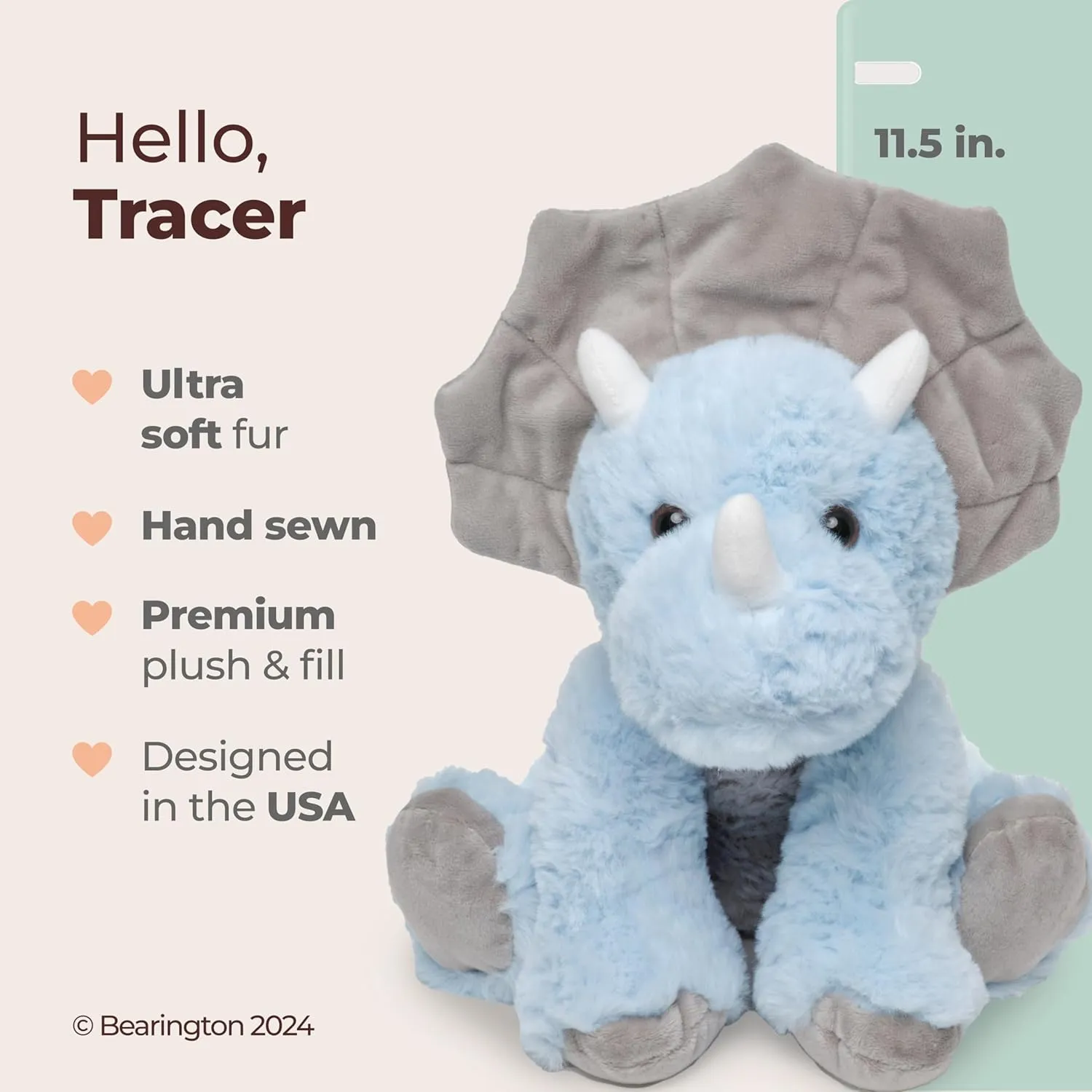 Bearington Tracer The Triceratops Dino Plush, 11.5 Inch Dinosaur Stuffed Animal - Dinosaur Plush - Triceratops Toy