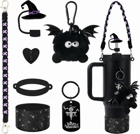 BELSITA Stanley Cup Accessories Set, Black Bird Chain Braided Design Water Bottle Handle Strap, Black Glitter Silicone Boot, Charms for 30/40oz Tumble (Halloween)