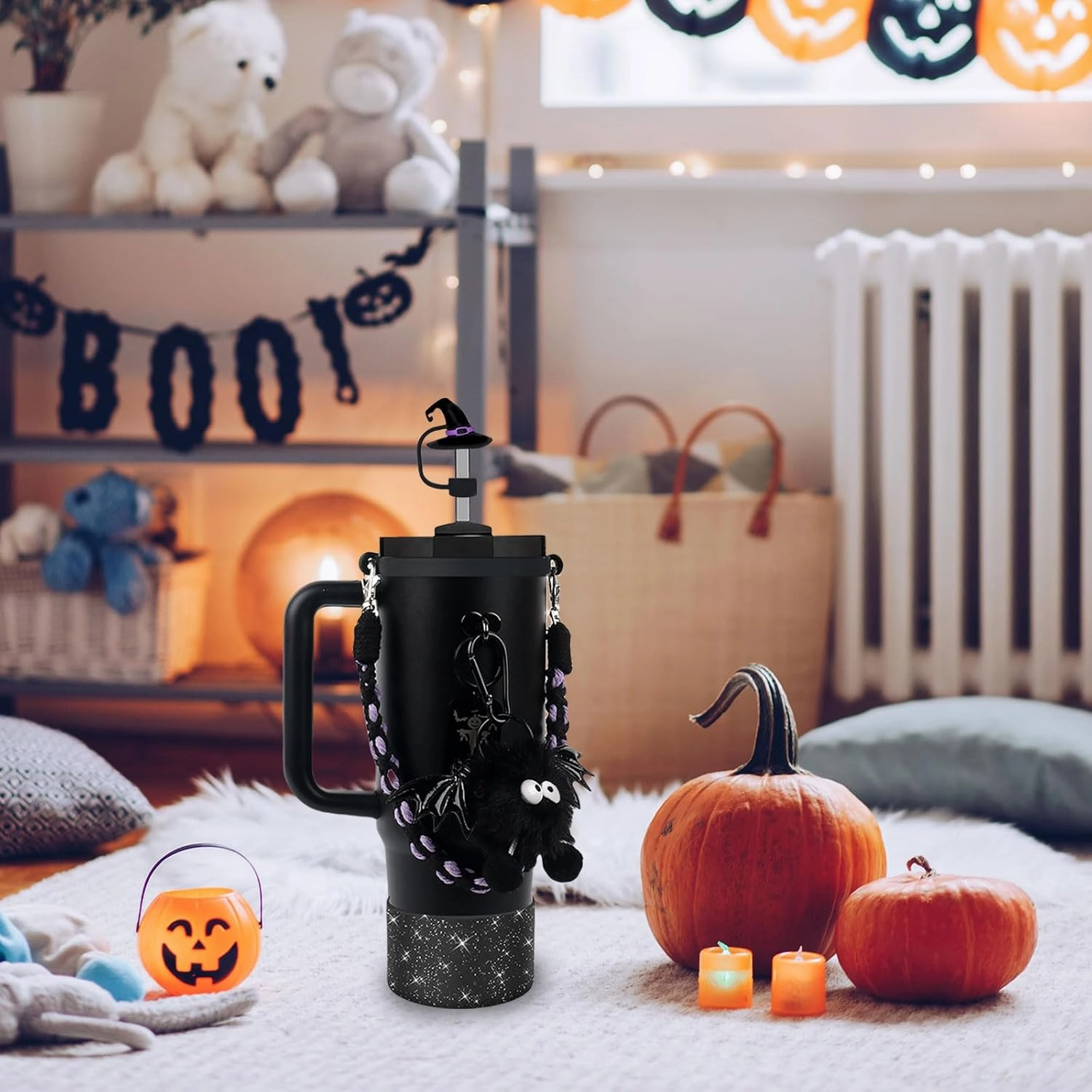 BELSITA Stanley Cup Accessories Set, Black Bird Chain Braided Design Water Bottle Handle Strap, Black Glitter Silicone Boot, Charms for 30/40oz Tumble (Halloween)