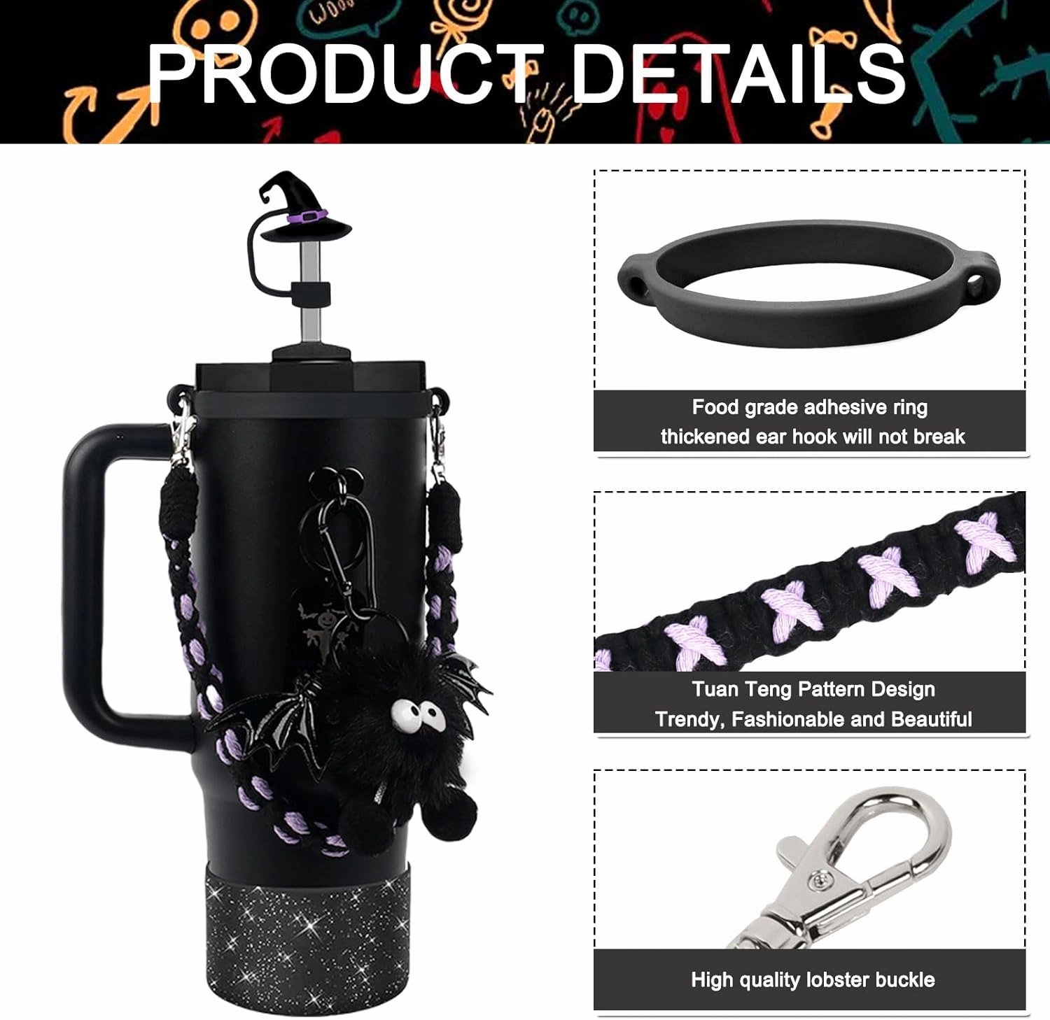 BELSITA Stanley Cup Accessories Set, Black Bird Chain Braided Design Water Bottle Handle Strap, Black Glitter Silicone Boot, Charms for 30/40oz Tumble (Halloween)