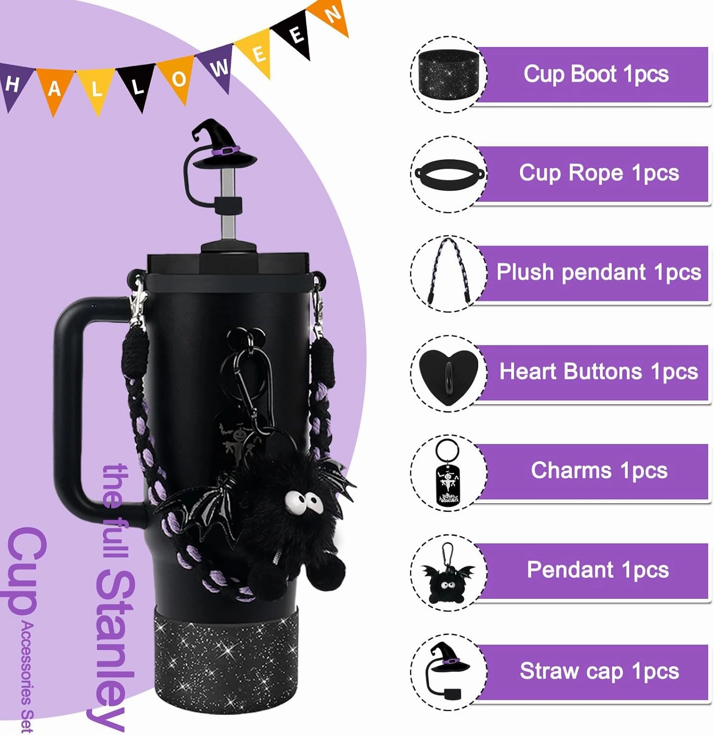 BELSITA Stanley Cup Accessories Set, Black Bird Chain Braided Design Water Bottle Handle Strap, Black Glitter Silicone Boot, Charms for 30/40oz Tumble (Halloween)