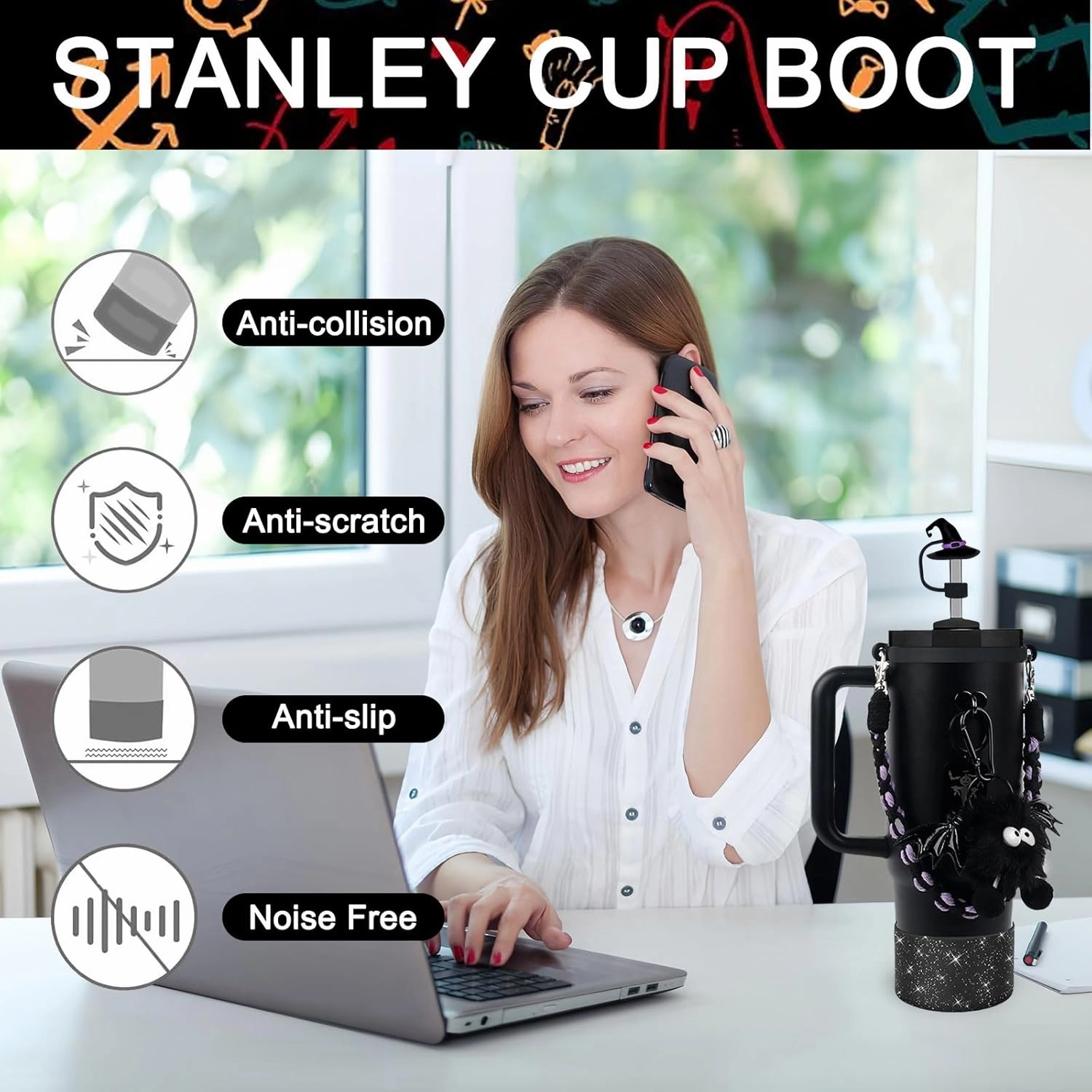 BELSITA Stanley Cup Accessories Set, Black Bird Chain Braided Design Water Bottle Handle Strap, Black Glitter Silicone Boot, Charms for 30/40oz Tumble (Halloween)