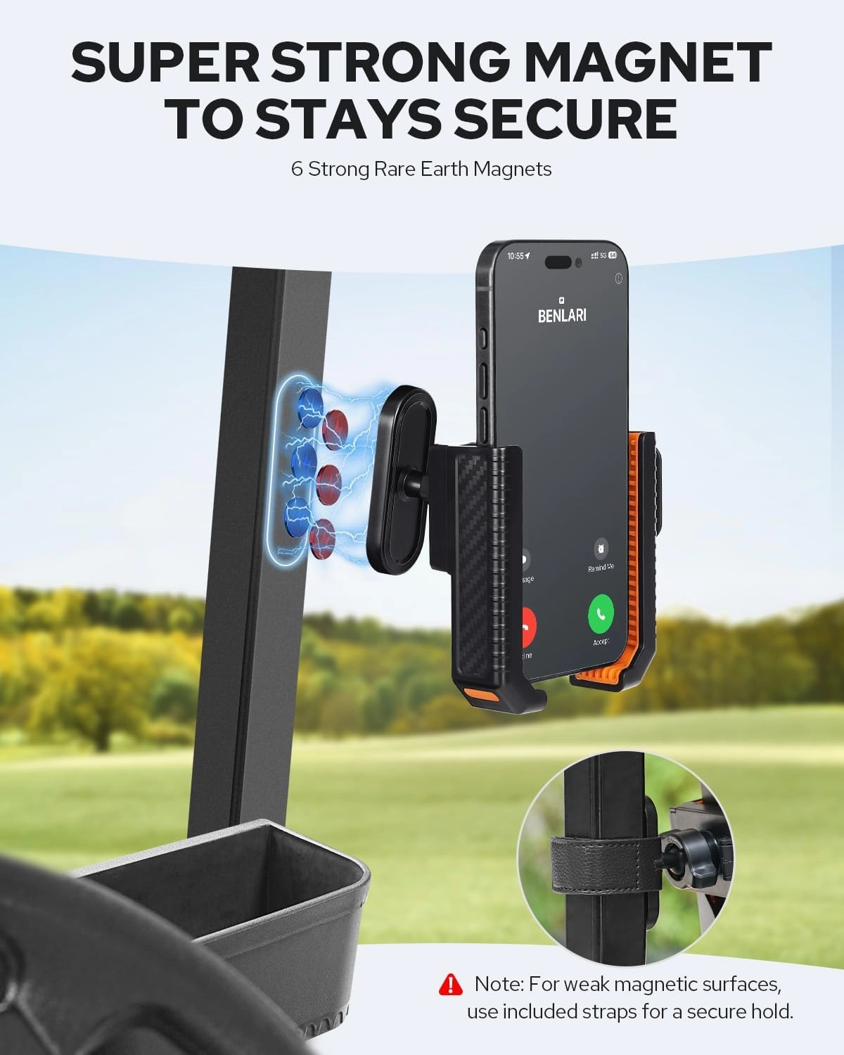 Benlari Magnetic Golf Cart Phone Holder with N52 Magnets for Cellphone Golf Cart