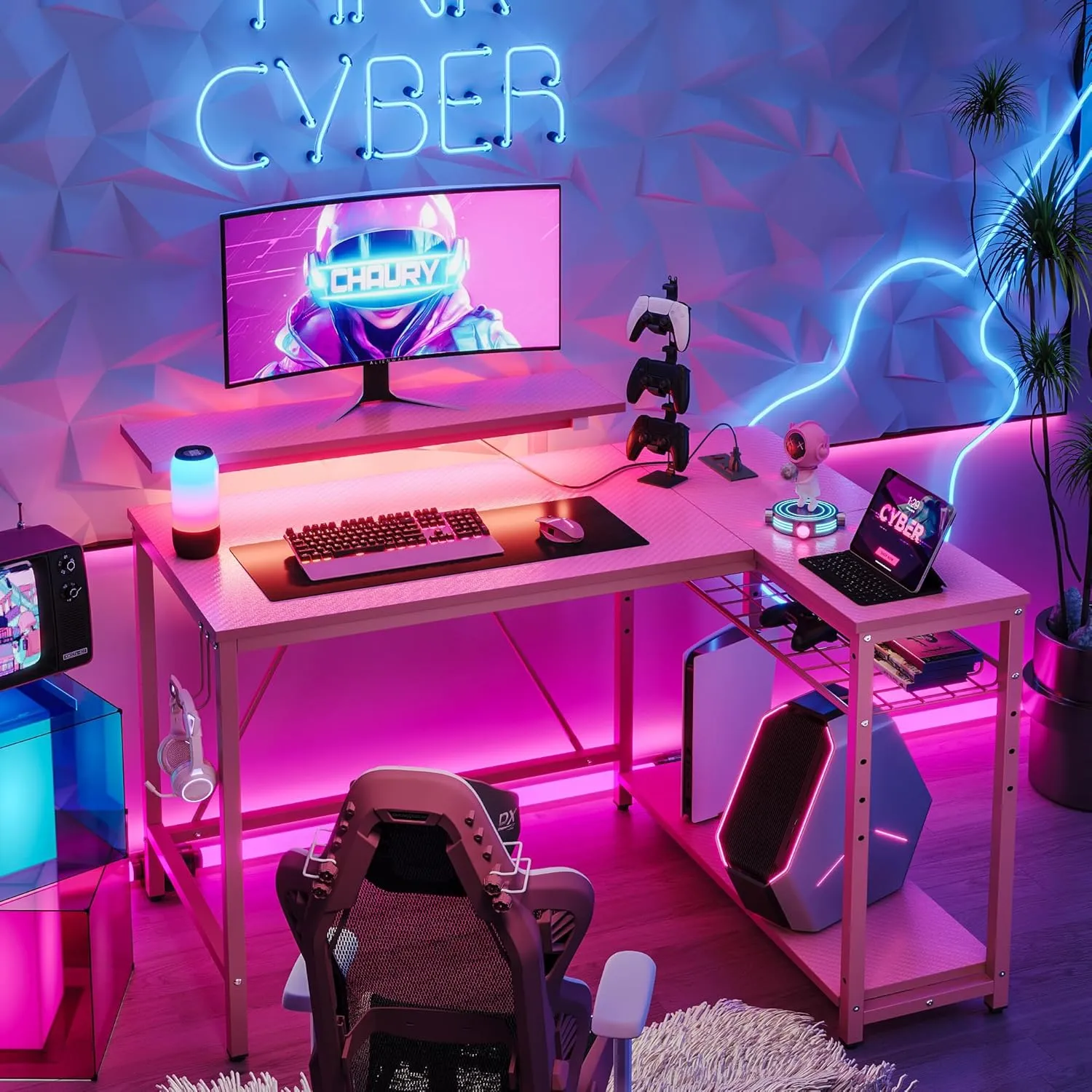 Bestier Gaming Desk with Power Outlets, 42" L-Shaped Gaming Desk with LED Lights, Desk with Reversible Storage Shelves & Hooks for Small Spaces, Bedrooms & Offices,Pink Carbon Fiber
