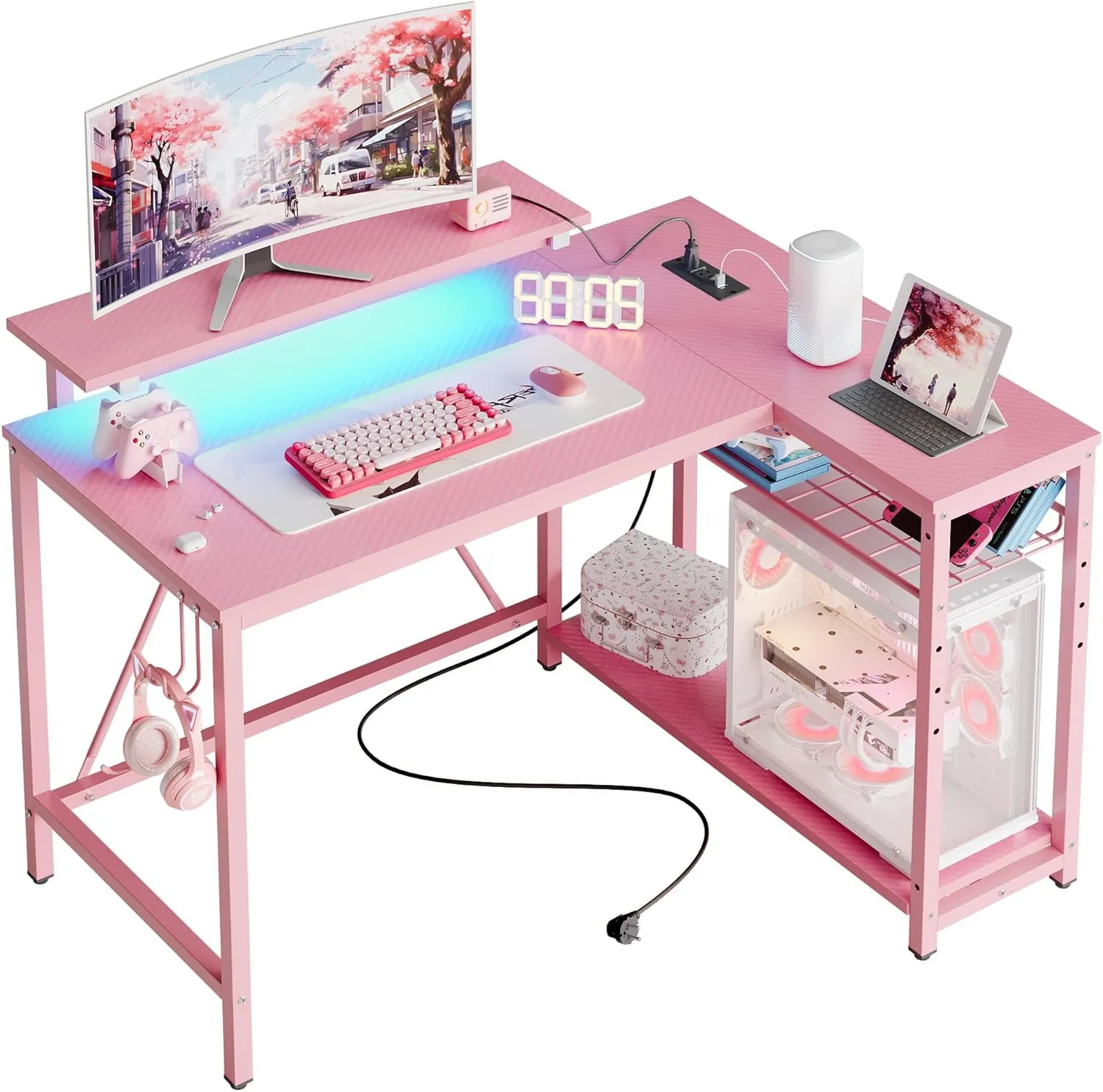 Bestier Gaming Desk with Power Outlets, 42" L-Shaped Gaming Desk with LED Lights, Desk with Reversible Storage Shelves & Hooks for Small Spaces, Bedrooms & Offices,Pink Carbon Fiber