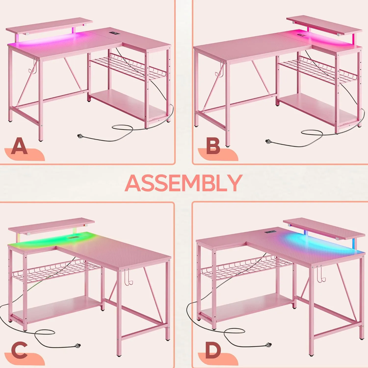 Bestier Gaming Desk with Power Outlets, 42" L-Shaped Gaming Desk with LED Lights, Desk with Reversible Storage Shelves & Hooks for Small Spaces, Bedrooms & Offices,Pink Carbon Fiber