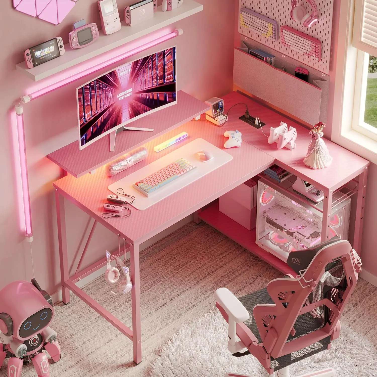 Bestier Gaming Desk with Power Outlets, 42" L-Shaped Gaming Desk with LED Lights, Desk with Reversible Storage Shelves & Hooks for Small Spaces, Bedrooms & Offices,Pink Carbon Fiber