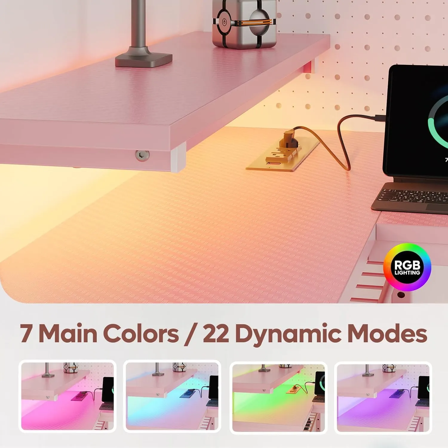 Bestier Gaming Desk with Power Outlets, 42" L-Shaped Gaming Desk with LED Lights, Desk with Reversible Storage Shelves & Hooks for Small Spaces, Bedrooms & Offices,Pink Carbon Fiber