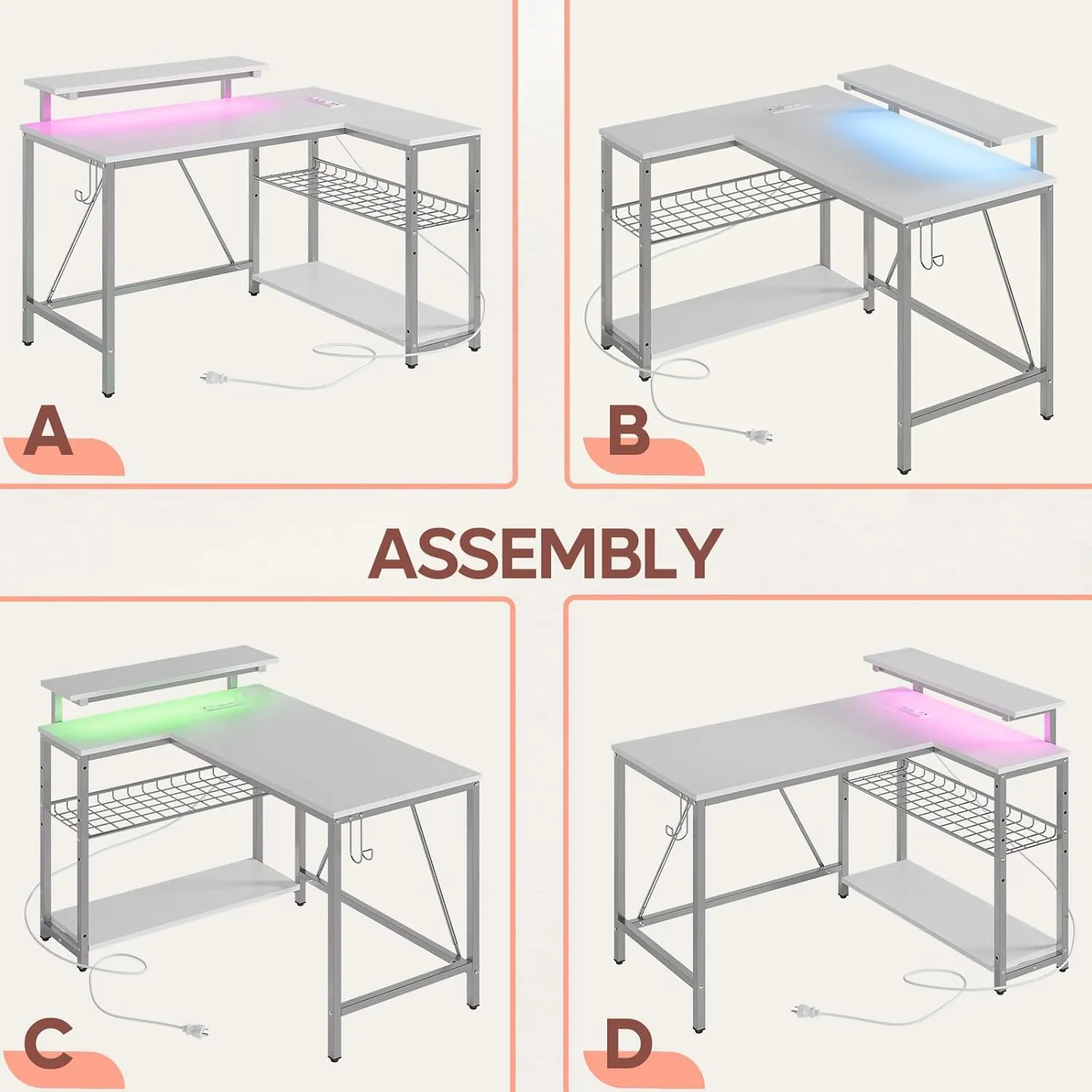 Bestier Gaming Desk with Power Outlets, 42" L-Shaped Gaming Desk with LED Lights, Desk with Reversible Storage Shelves & Hooks for Small Spaces, Bedrooms & Offices,Pink Carbon Fiber