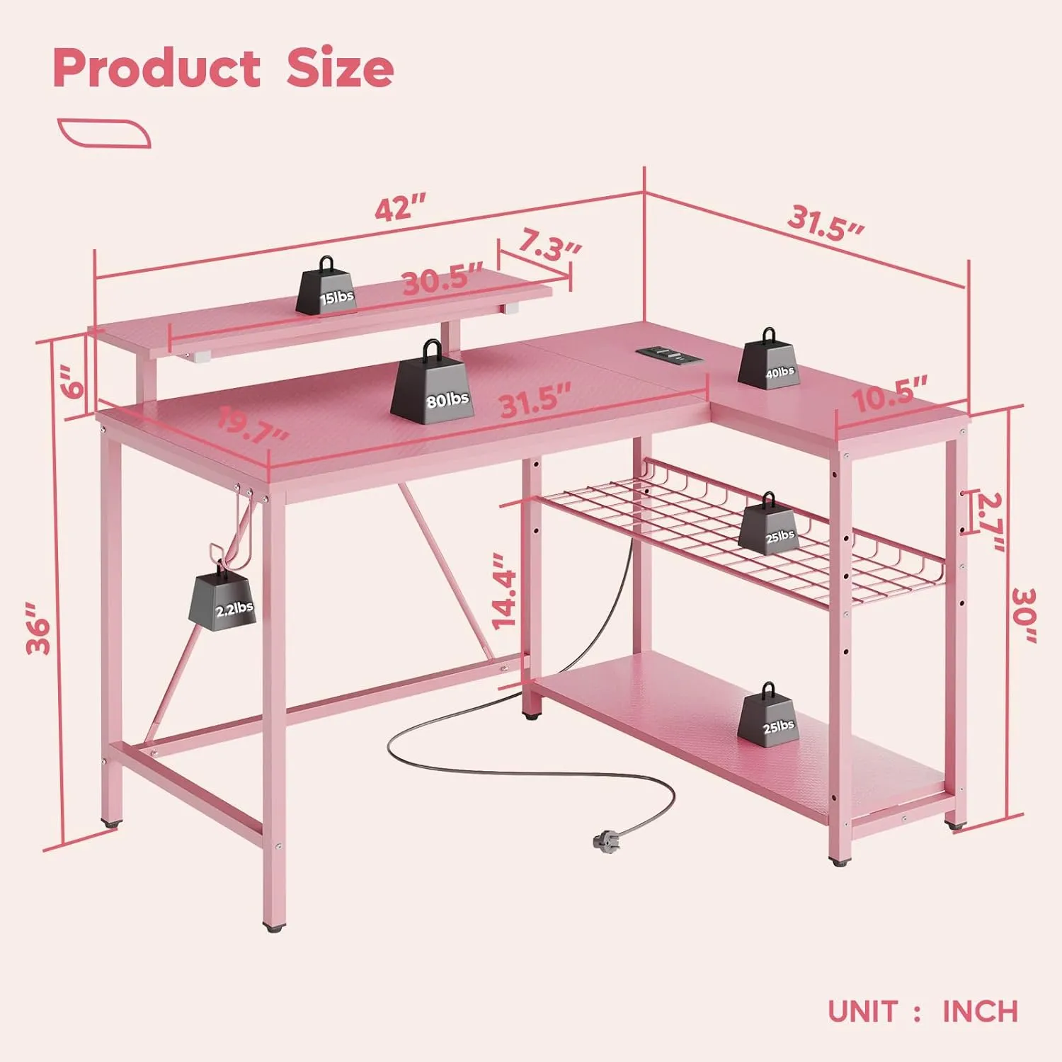 Bestier Gaming Desk with Power Outlets, 42" L-Shaped Gaming Desk with LED Lights, Desk with Reversible Storage Shelves & Hooks for Small Spaces, Bedrooms & Offices,Pink Carbon Fiber
