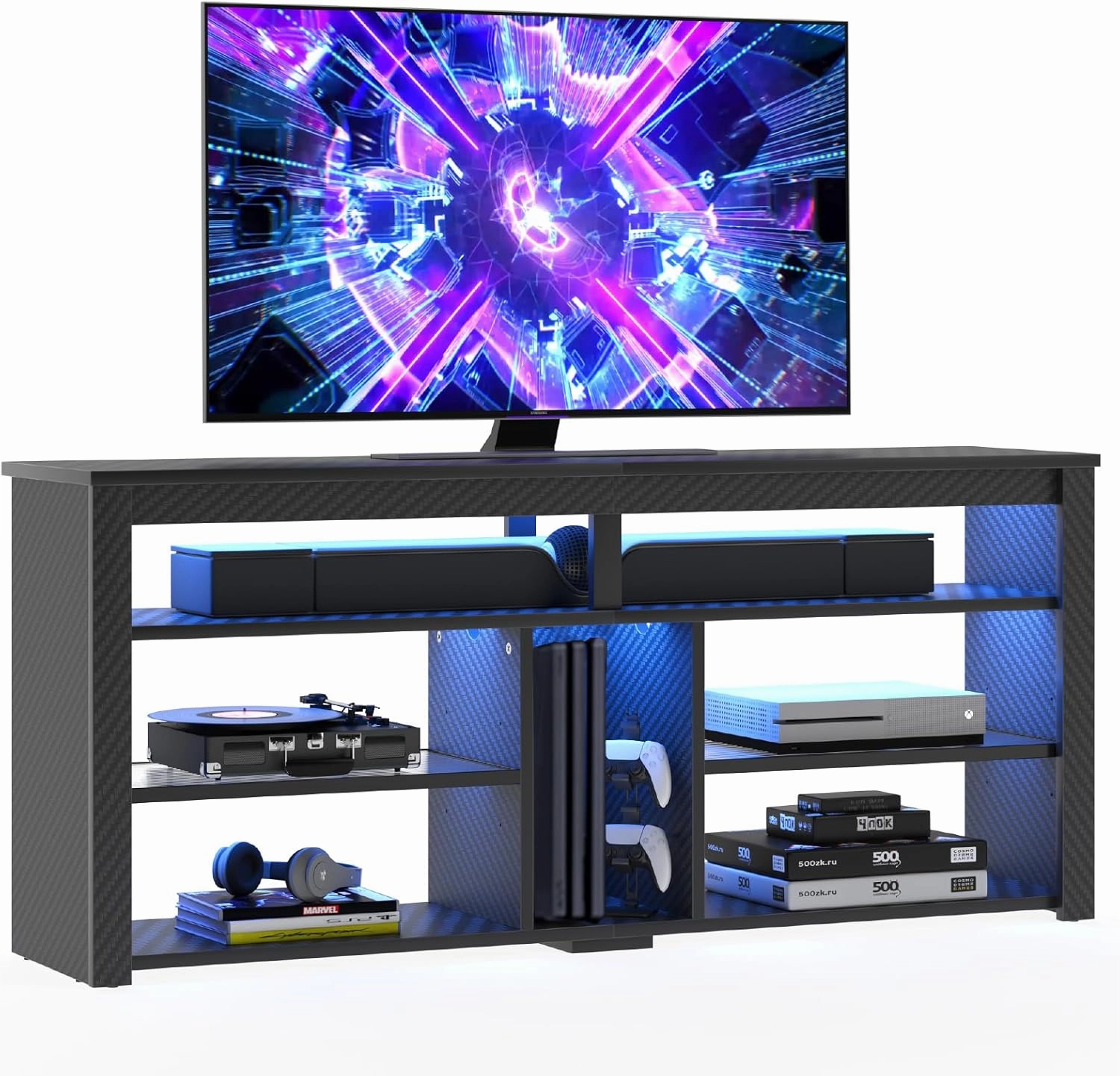 Bestier LED Tall TV Stand, Entertainment Center for 55/60/65 Inch, Gaming Console With Storage for PS4, Adjustable Shelf Modern High Cabinet for Living Room Bedroom, Carbon Fiber Black