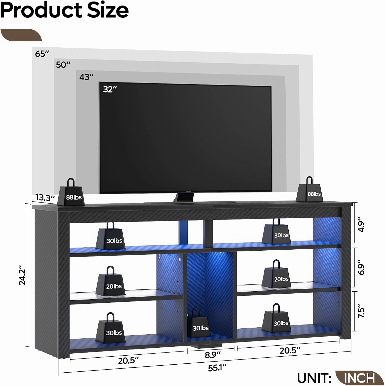 Bestier LED Tall TV Stand, Entertainment Center for 55/60/65 Inch, Gaming Console With Storage for PS4, Adjustable Shelf Modern High Cabinet for Living Room Bedroom, Carbon Fiber Black