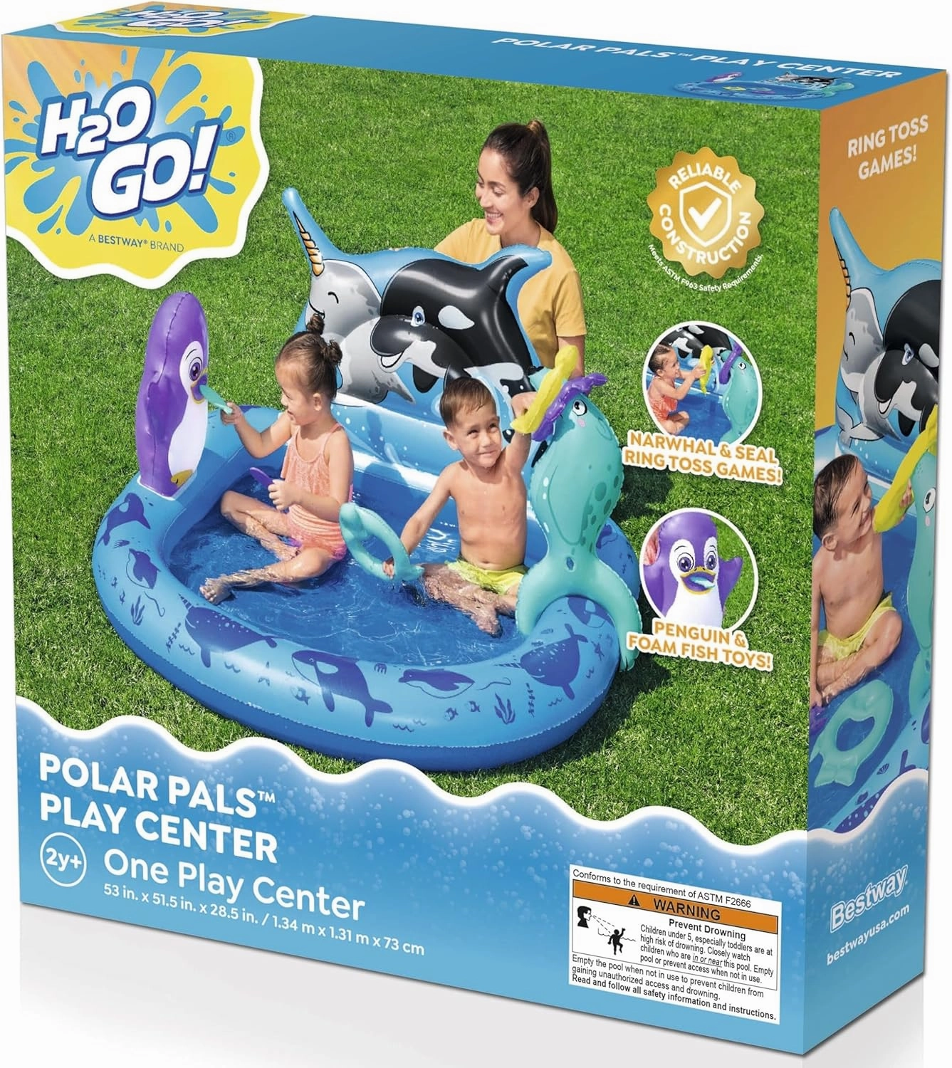 Bestway H2OGO! Polar Pals Kids Inflatable Water Play Center (53" x 51.5" x 28.5") | Outdoor Summer Pool Toy for Children Ages  2