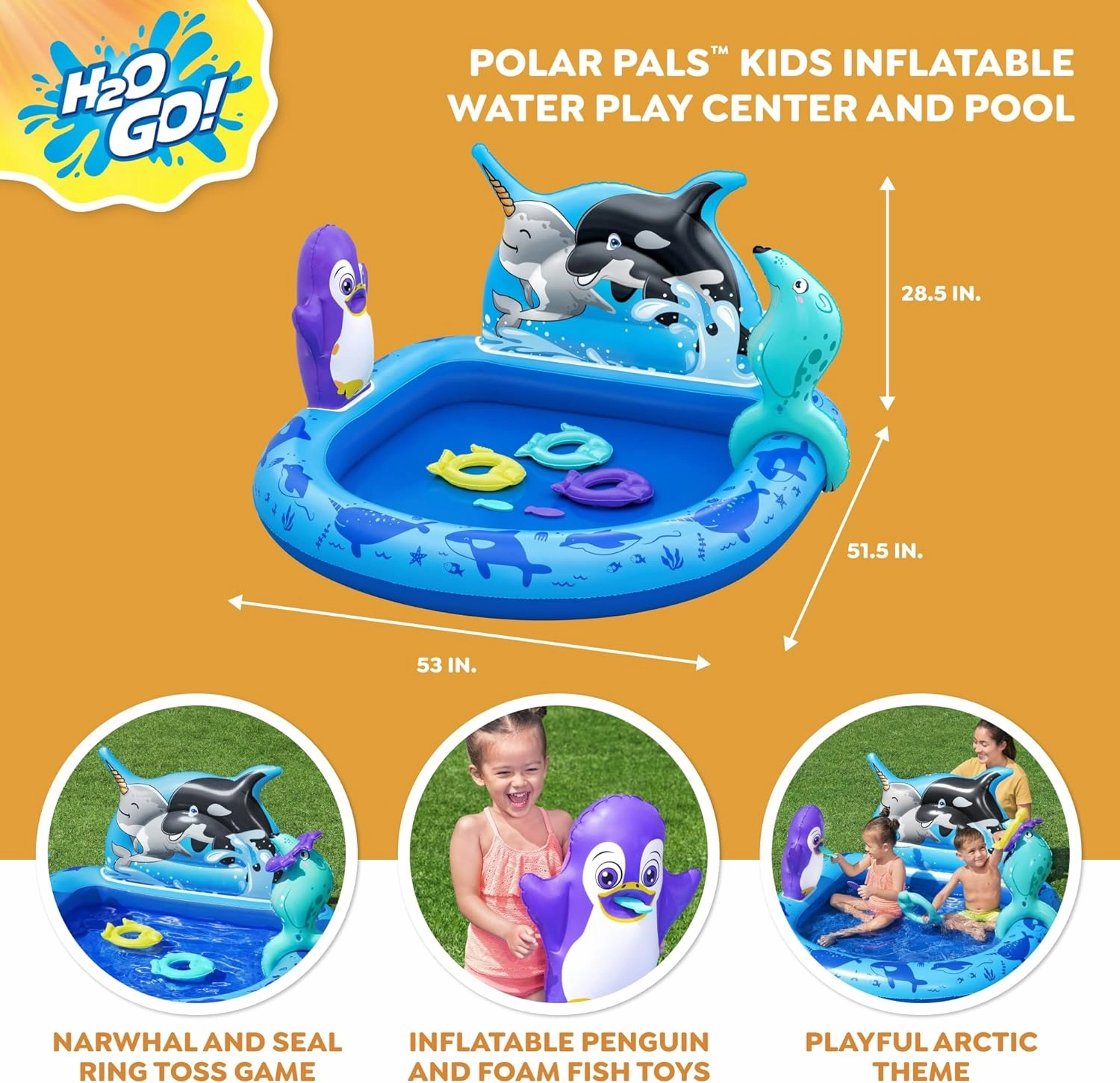 Bestway H2OGO! Polar Pals Kids Inflatable Water Play Center (53" x 51.5" x 28.5") | Outdoor Summer Pool Toy for Children Ages  2